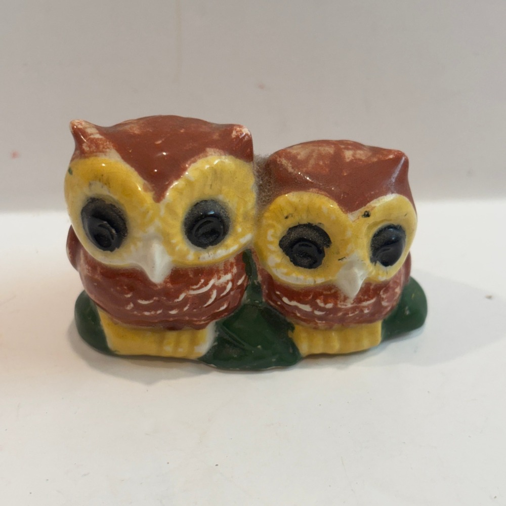 Vintage Miniature Ceramic Owl Figurine Two Owls on Branch Brown Yellow 1.25 Inch